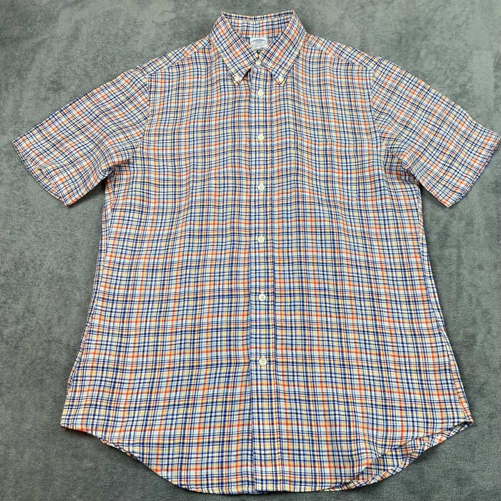 Brooks Brothers M Regent Madras Plaid Linen Short Sleeve Button Down Polo Shirt